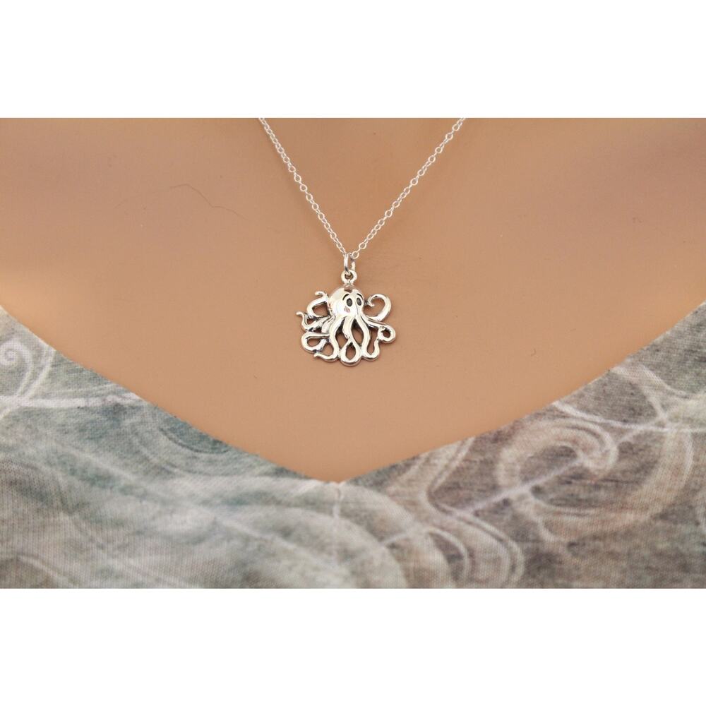 Medium Sterling Silver Octopus Charm Necklace, Silver Octopus Pendant Necklace
